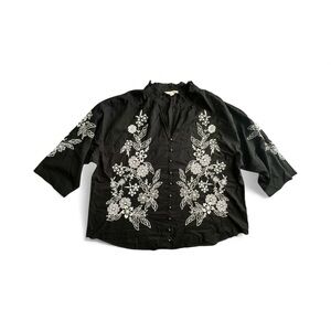 Jennifer & Grace Black 100% cotton Floral Embroidered Blouse plus Sz 3X